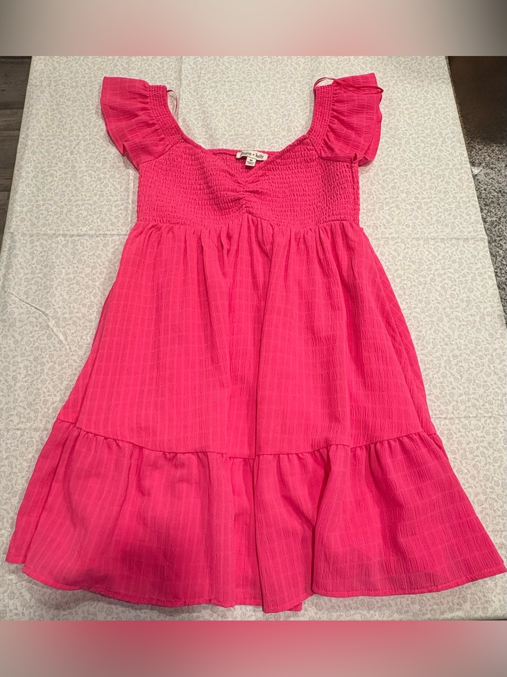 Allison + Kelly Hot Pink Smocked Babydoll Flutter Sleeve Mini Dress Women's Sz M